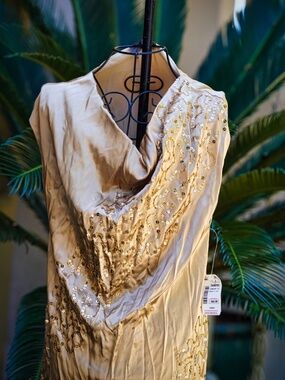 VTG Genny Made in Italy Champagne Gold Sequin Cowl Neck Satin Gown 8